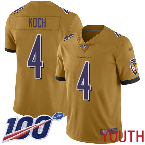 Baltimore Ravens Limited Gold Youth Sam Koch Jersey NFL Football #4 100th Season Inverted Legend->ncaa teams->NCAA Jersey